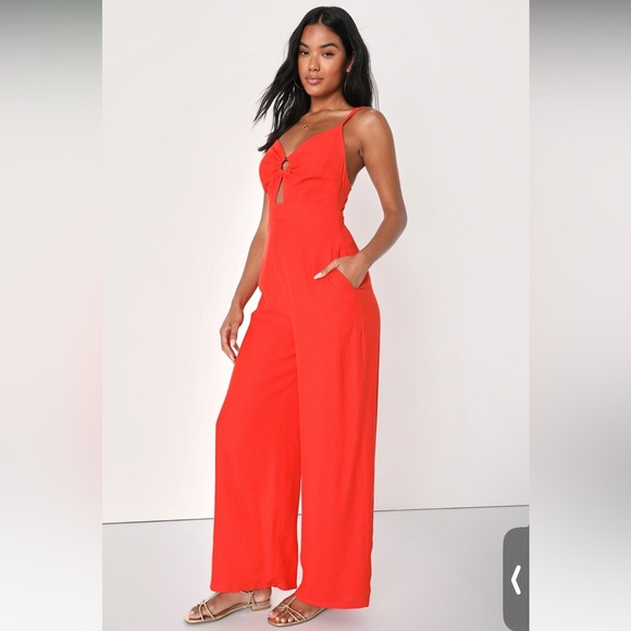Lulus Exceptional Impression Coral Orange Cutout Wide-Leg Jumpsuit sz LG (NWT) - Picture 4 of 4